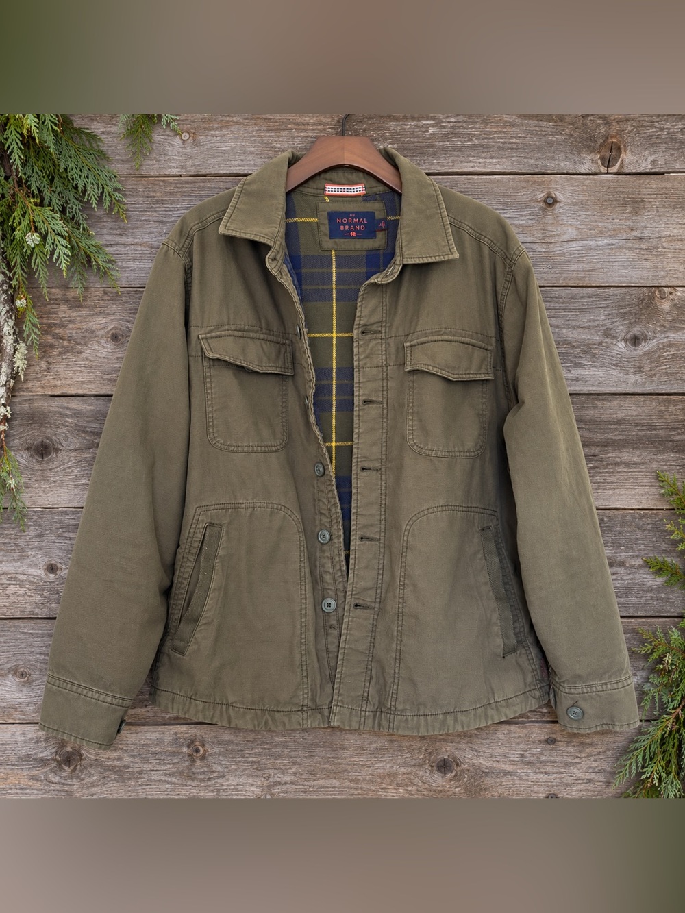The Normal Brand Olive Cotton Plaid Lined Utility Jacket Large